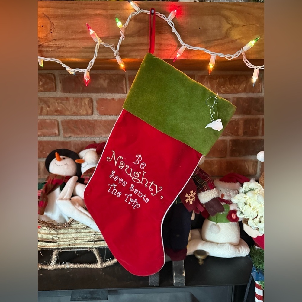 Festive Red and Green Velvet Be Naughty Save Santa The Trip Holiday Stocking